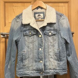 Distressed Denim Sherpa-Lined Cropped Jacket Sz M